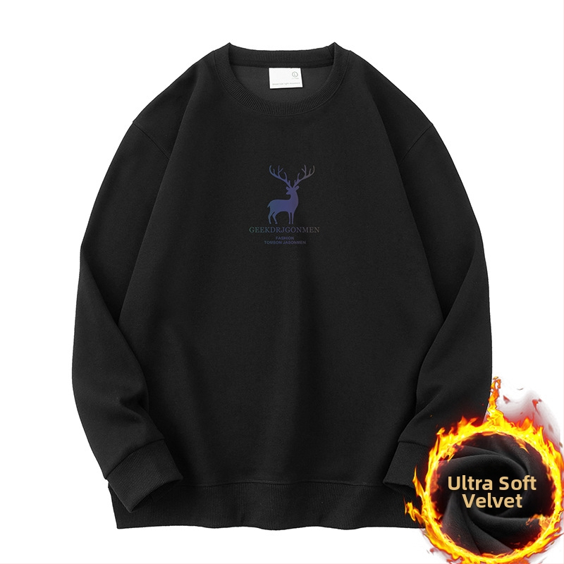 Vyrų Elk atspaudo fliso džemperis su ilgomis rankovėmis, apvaliu kaklu, laisvas kirpimas