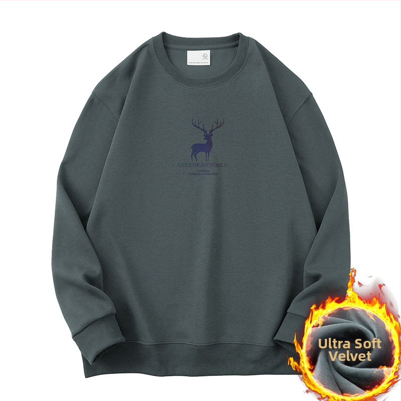 Vyrų Elk atspaudo fliso džemperis su ilgomis rankovėmis, apvaliu kaklu, laisvas kirpimas