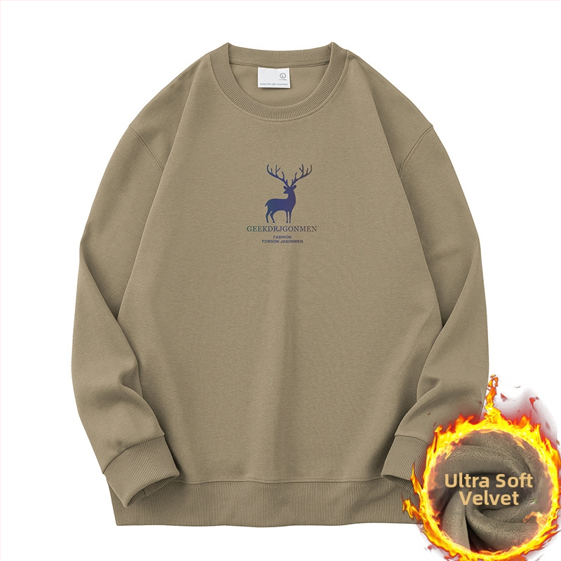 Vyrų Elk atspaudo fliso džemperis su ilgomis rankovėmis, apvaliu kaklu, laisvas kirpimas