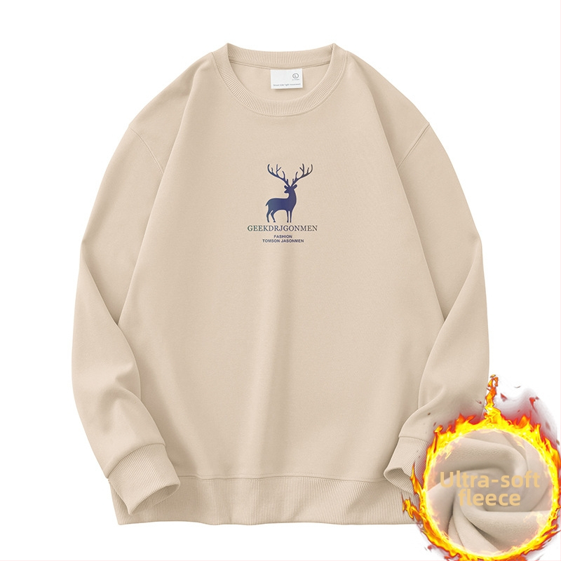 Vyrų Elk atspaudo fliso džemperis su ilgomis rankovėmis, apvaliu kaklu, laisvas kirpimas