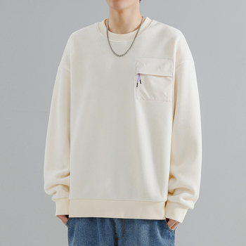 Pepp step fleece-lining poliesterio džemperis, laisvas siluetas, ilgos rankovės, apvalus kaklas, vienos spalvos su trimatėmis kišenėmis