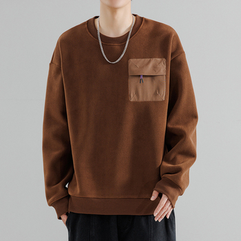 Pepp step fleece-lining poliesterio džemperis, laisvas siluetas, ilgos rankovės, apvalus kaklas, vienos spalvos su trimatėmis kišenėmis