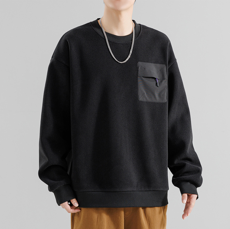 Pepp step fleece-lining poliesterio džemperis, laisvas siluetas, ilgos rankovės, apvalus kaklas, vienos spalvos su trimatėmis kišenėmis