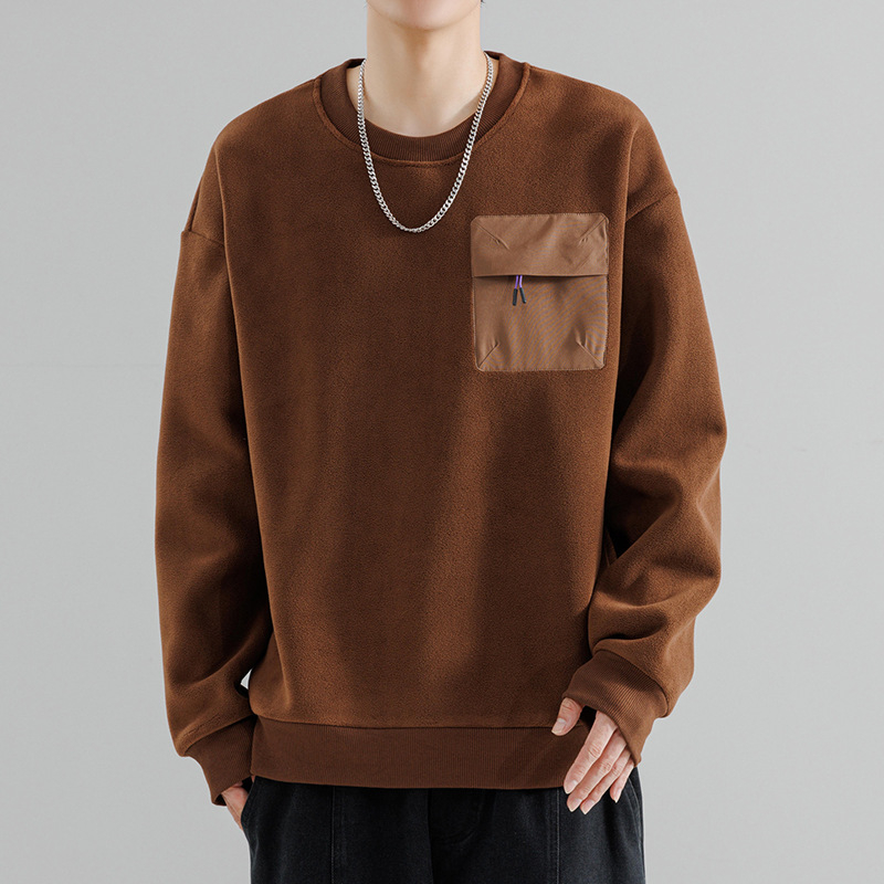 Pepp step fleece-lining poliesterio džemperis, laisvas siluetas, ilgos rankovės, apvalus kaklas, vienos spalvos su trimatėmis kišenėmis