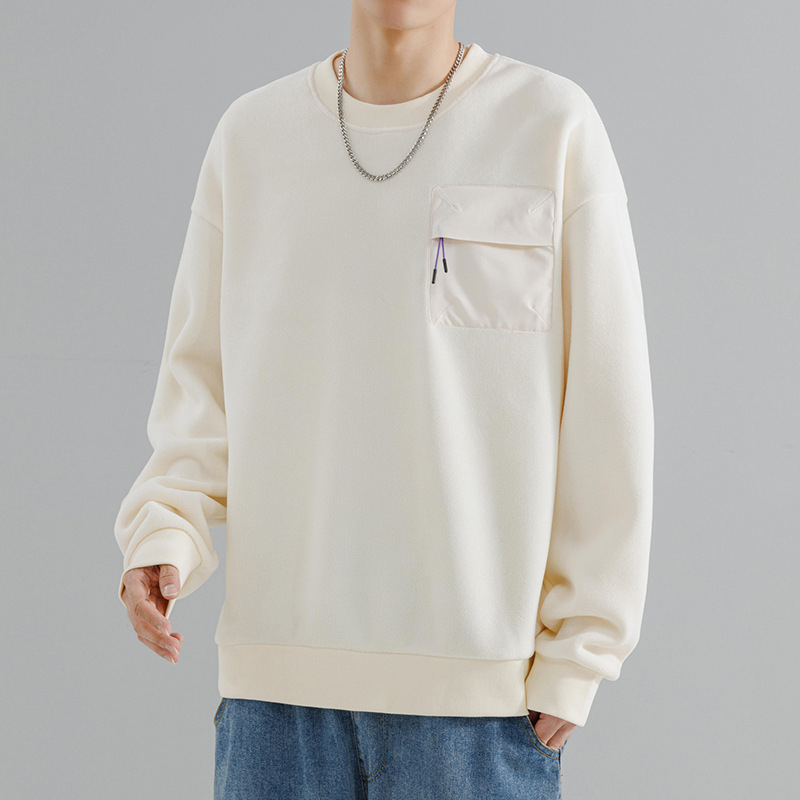 Pepp step fleece-lining poliesterio džemperis, laisvas siluetas, ilgos rankovės, apvalus kaklas, vienos spalvos su trimatėmis kišenėmis