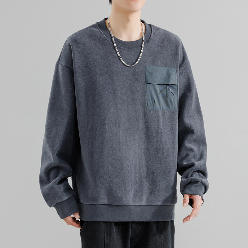 Pepp step fleece-lining poliesterio džemperis, laisvas siluetas, ilgos rankovės, apvalus kaklas, vienos spalvos su trimatėmis kišenėmis