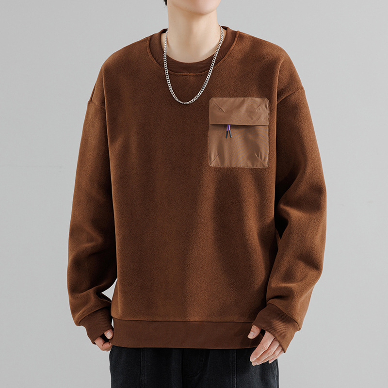 Pepp step fleece-lining poliesterio džemperis, laisvas siluetas, ilgos rankovės, apvalus kaklas, vienos spalvos su trimatėmis kišenėmis