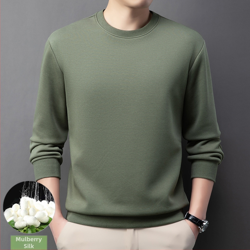 Vyrų medvilnės-poliesterio mišinio megztinis su mulberry šilku, apvalus kaklas, ilgos rankovės, be pamušalo, pavasaris-ruduo, 2024 m. žiema