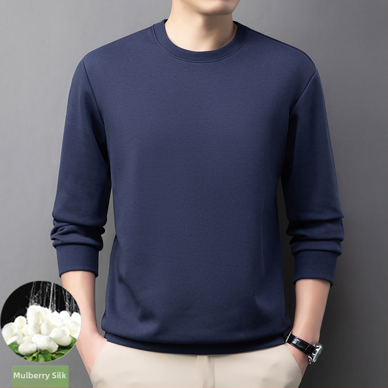 Vyrų medvilnės-poliesterio mišinio megztinis su mulberry šilku, apvalus kaklas, ilgos rankovės, be pamušalo, pavasaris-ruduo, 2024 m. žiema