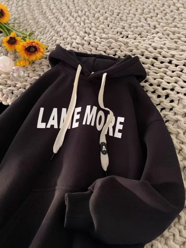 Jaunimo džemperis su gobtuvu, flisinė medžiaga, laisvas kirpimas, raidės spausdinimas, tinka pavasariui ir rudeniui