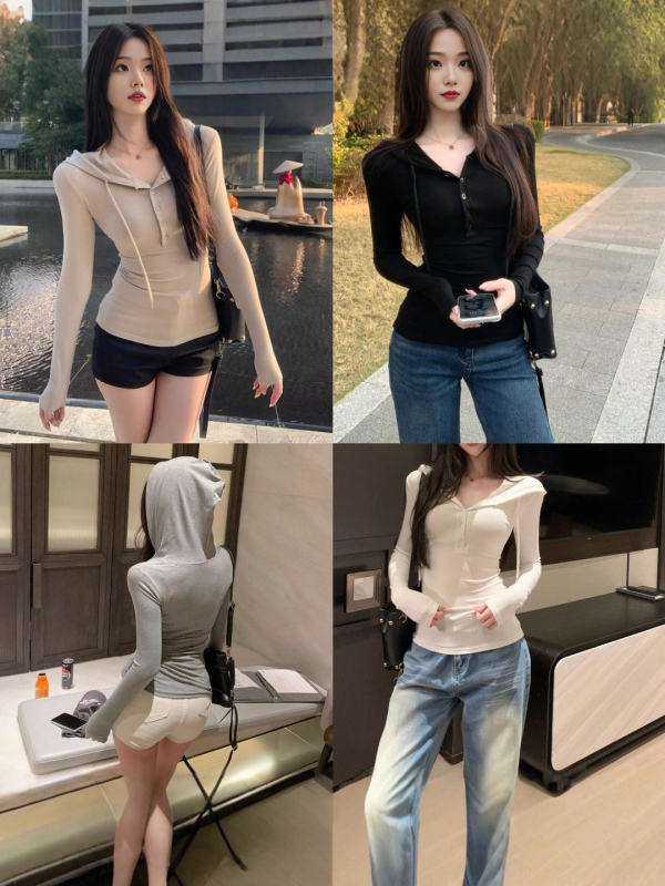 Ženski hoodie s kapuljom i polugumbima, uski kroj, stiskanjem struka, ležerni američki stil, dugi rukavi