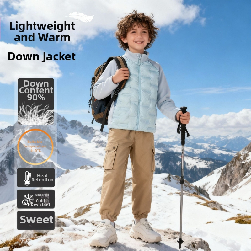 Vaikų pūkuotas vidinis džensas – lengvas ir šiltas, užtrauktukas, ilgos rankovės, be gobtuvo, poliesterio audinys ir pamušalas, 2025 rudens leidimas