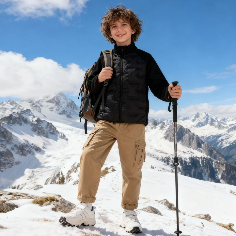 Vaikų pūkuotas vidinis džensas – lengvas ir šiltas, užtrauktukas, ilgos rankovės, be gobtuvo, poliesterio audinys ir pamušalas, 2025 rudens leidimas