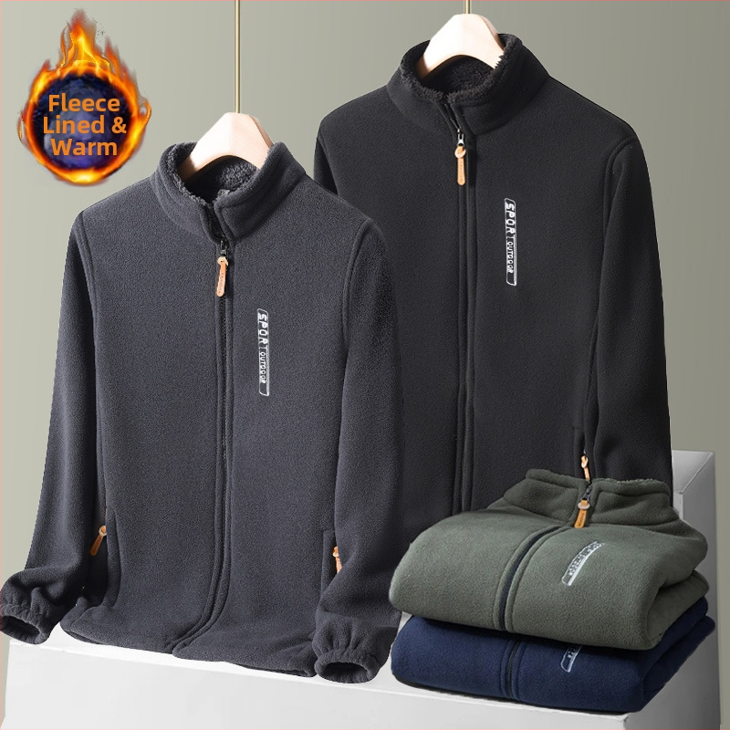 Vyriškas polarfleece kardiganas su stovinčia apykakle, užtrauktukas, laisvas kirpimas, ilgos rankovės, rudens–žiemos sezonams