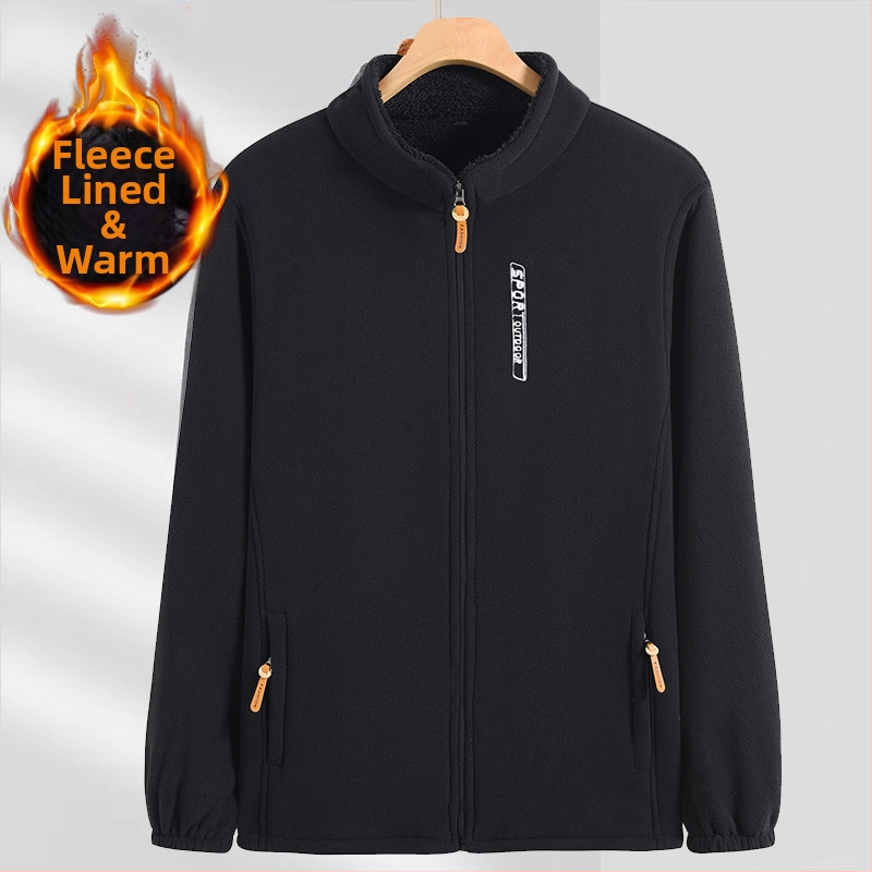 Vyriškas polarfleece kardiganas su stovinčia apykakle, užtrauktukas, laisvas kirpimas, ilgos rankovės, rudens–žiemos sezonams