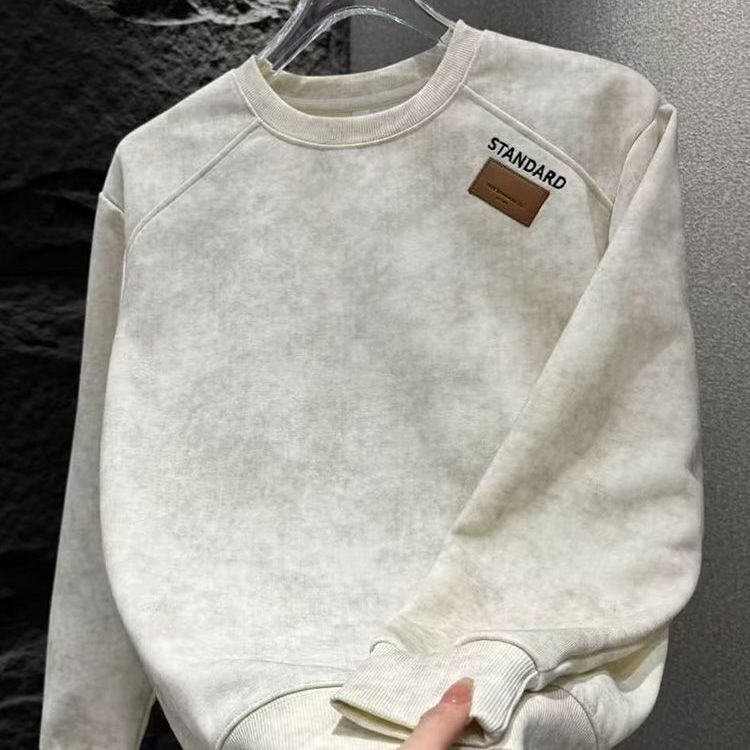 Tie-dye raštu megztinis, ilgos rankovės, apvali kakla, fleece vidinis pamušalas