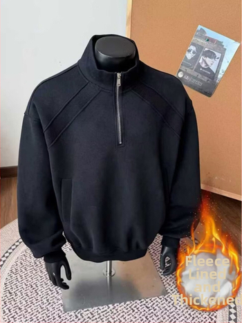 Vyrų Amerikos retro pusiau užtrauktukas džemperis, laisvas kirpimas, ilgos rankovės, apvali kaklo forma, poliesteris, velveto pamušalas, žieminis kasdieninis topas