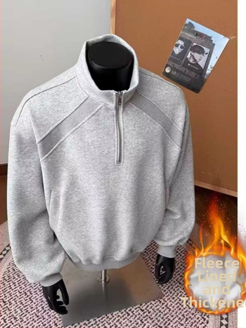 Vyrų Amerikos retro pusiau užtrauktukas džemperis, laisvas kirpimas, ilgos rankovės, apvali kaklo forma, poliesteris, velveto pamušalas, žieminis kasdieninis topas