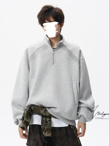 Vyrų Amerikos retro pusiau užtrauktukas džemperis, laisvas kirpimas, ilgos rankovės, apvali kaklo forma, poliesteris, velveto pamušalas, žieminis kasdieninis topas