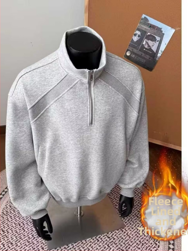 Americká retro mikina s polovičným zipsom pre mužov, voľný strih, dlhé rukávy, okrúhly výstrih, polyester, sametová podšívka, zimný casual top