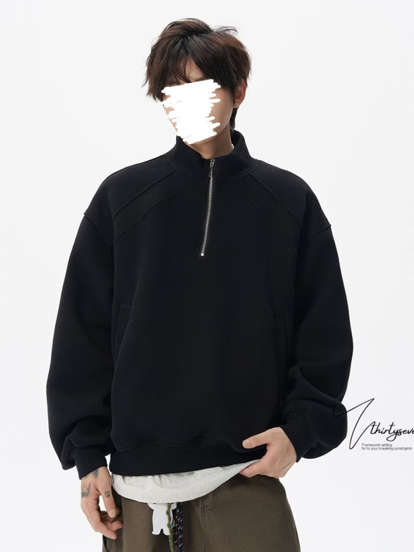 Vyrų Amerikos retro pusiau užtrauktukas džemperis, laisvas kirpimas, ilgos rankovės, apvali kaklo forma, poliesteris, velveto pamušalas, žieminis kasdieninis topas