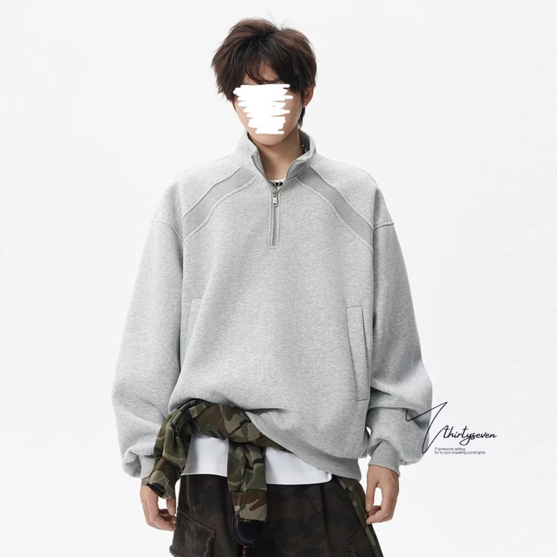 Vyrų Amerikos retro pusiau užtrauktukas džemperis, laisvas kirpimas, ilgos rankovės, apvali kaklo forma, poliesteris, velveto pamušalas, žieminis kasdieninis topas