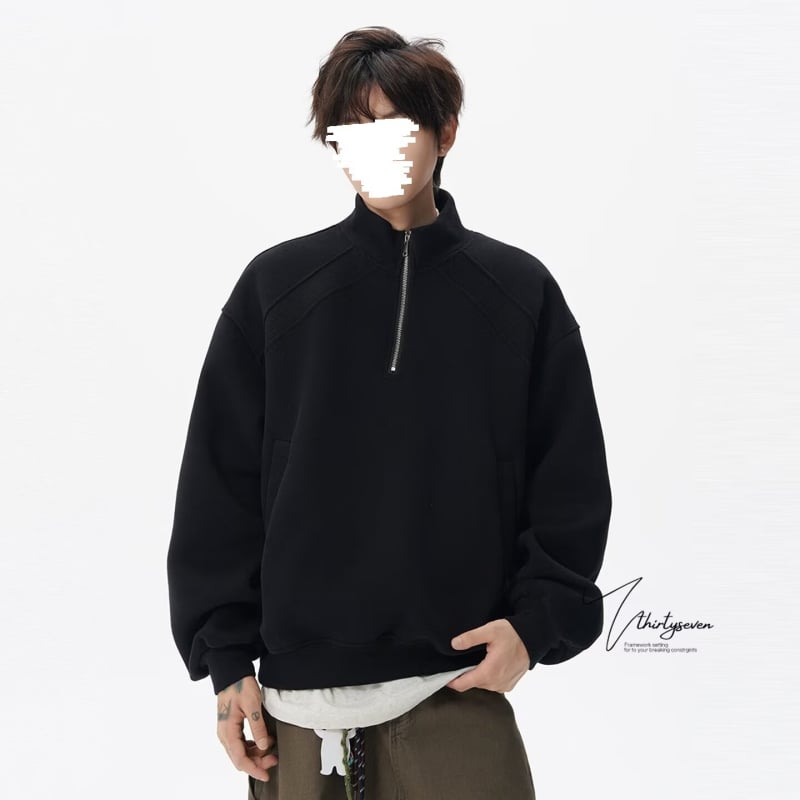 Vyrų Amerikos retro pusiau užtrauktukas džemperis, laisvas kirpimas, ilgos rankovės, apvali kaklo forma, poliesteris, velveto pamušalas, žieminis kasdieninis topas