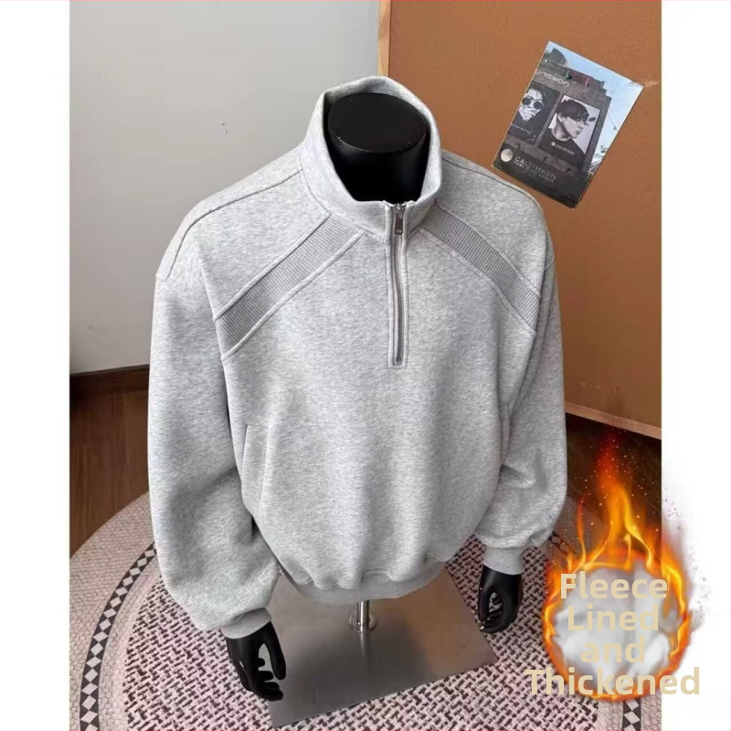 Vyrų Amerikos retro pusiau užtrauktukas džemperis, laisvas kirpimas, ilgos rankovės, apvali kaklo forma, poliesteris, velveto pamušalas, žieminis kasdieninis topas