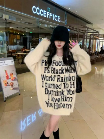 Pulover cu text litere, 95% poliester, tricot Jacquard, croială lejeră, guler rotund