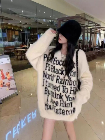 Pulover cu text litere, 95% poliester, tricot Jacquard, croială lejeră, guler rotund