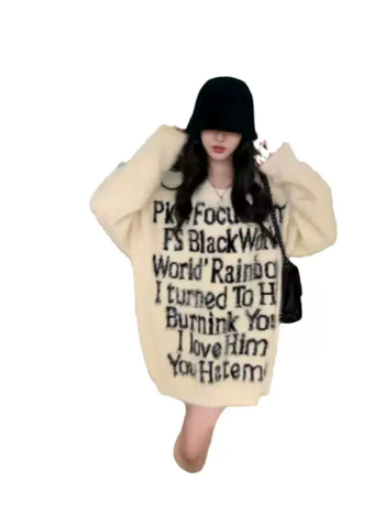 Pulover cu text litere, 95% poliester, tricot Jacquard, croială lejeră, guler rotund