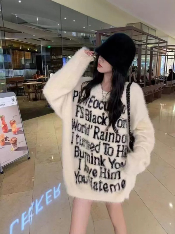 Pulover cu text litere, 95% poliester, tricot Jacquard, croială lejeră, guler rotund