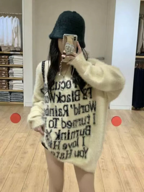 Pulover cu text litere, 95% poliester, tricot Jacquard, croială lejeră, guler rotund