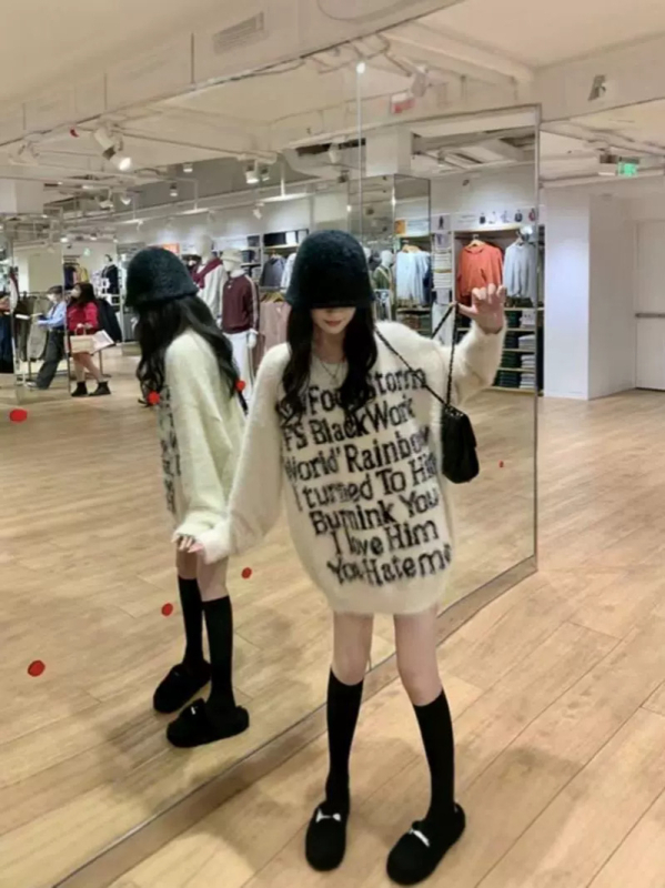 Pulover cu text litere, 95% poliester, tricot Jacquard, croială lejeră, guler rotund