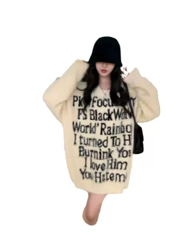 Pulover cu text litere, 95% poliester, tricot Jacquard, croială lejeră, guler rotund