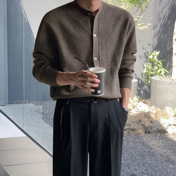 Cardigan tricotat pentru bărbați, stil coreean, croială lejeră, guler rotund, mâneci lungi — viscose 50%, polyester 28%, nylon 22%