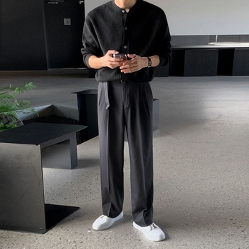 Cardigan tricotat pentru bărbați, stil coreean, croială lejeră, guler rotund, mâneci lungi — viscose 50%, polyester 28%, nylon 22%