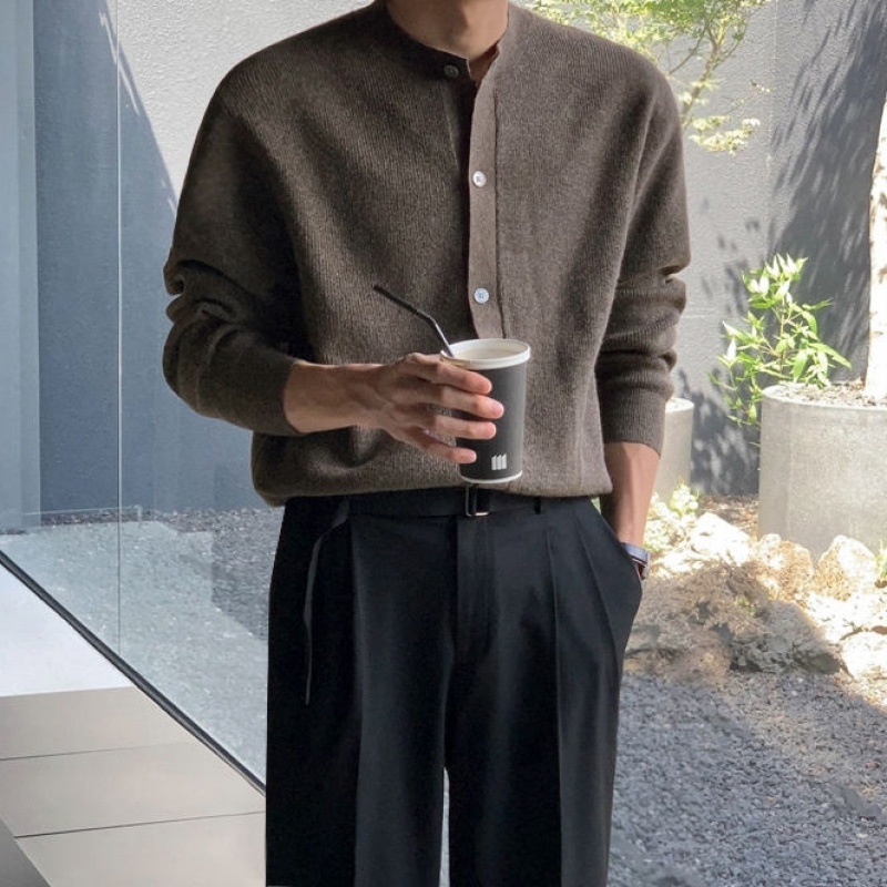 Cardigan tricotat pentru bărbați, stil coreean, croială lejeră, guler rotund, mâneci lungi — viscose 50%, polyester 28%, nylon 22%