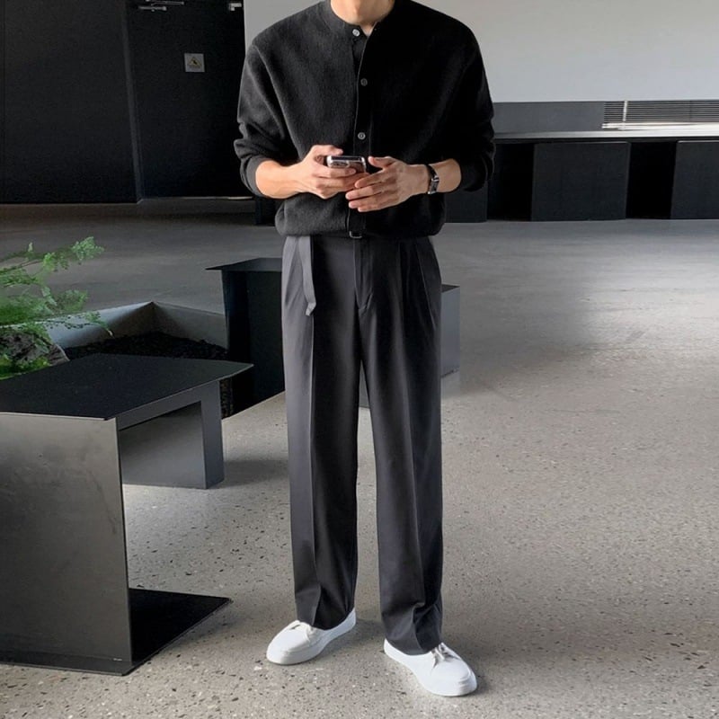 Cardigan tricotat pentru bărbați, stil coreean, croială lejeră, guler rotund, mâneci lungi — viscose 50%, polyester 28%, nylon 22%