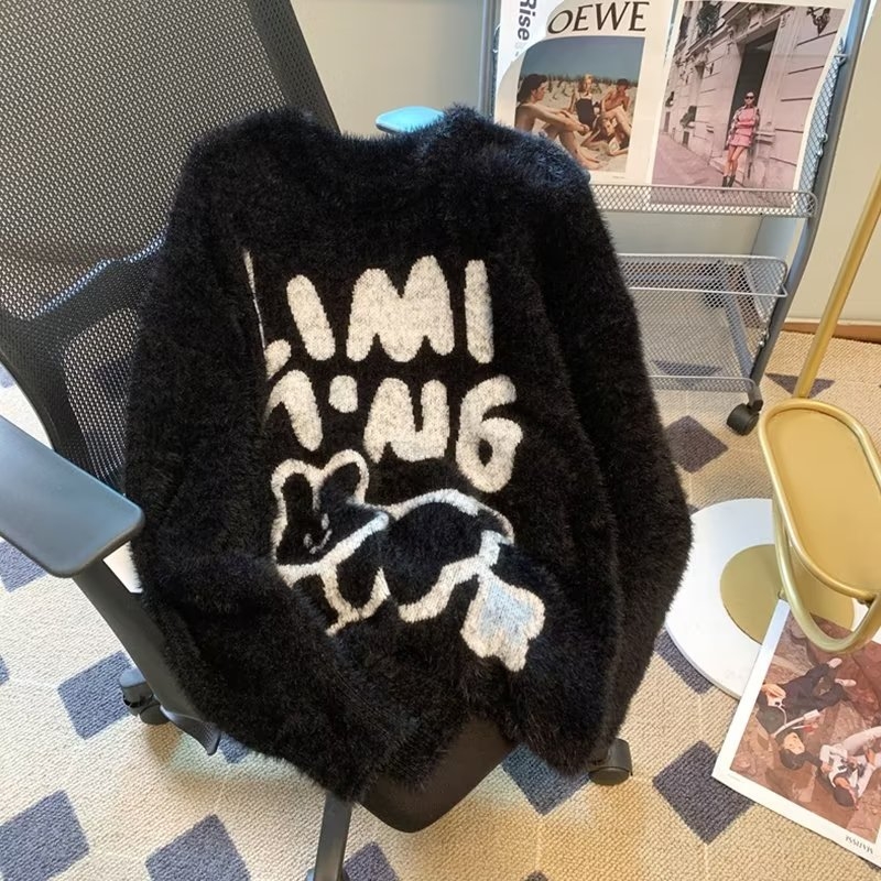 Pulover pentru femei cu imprimeu text format din litere și cifre, tricot poliester, croială lejeră, guler rotund, mâneci lungi