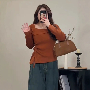 Асиметрична дамска блуза с открито рамо, дълги ръкави, квадратно деколте, тънък силует, плетено изделие от памук и полиестер, есен 2025