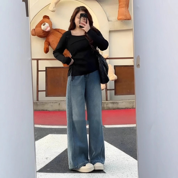 Асиметрична дамска блуза с открито рамо, дълги ръкави, квадратно деколте, тънък силует, плетено изделие от памук и полиестер, есен 2025