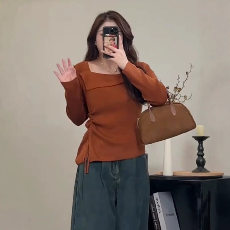 Асиметрична дамска блуза с открито рамо, дълги ръкави, квадратно деколте, тънък силует, плетено изделие от памук и полиестер, есен 2025