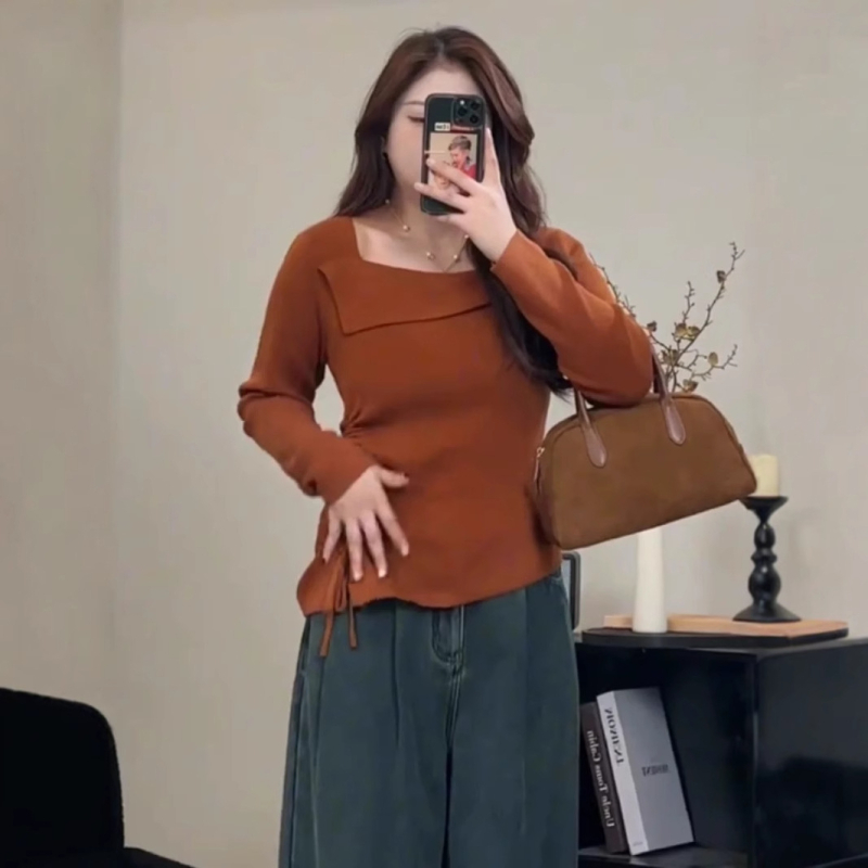 Асиметрична дамска блуза с открито рамо, дълги ръкави, квадратно деколте, тънък силует, плетено изделие от памук и полиестер, есен 2025