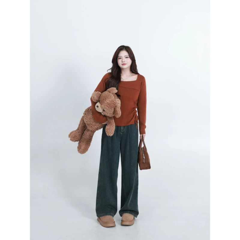 Асиметрична дамска блуза с открито рамо, дълги ръкави, квадратно деколте, тънък силует, плетено изделие от памук и полиестер, есен 2025