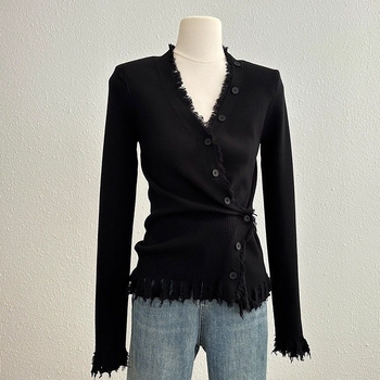 Безръкавен топ Chenille трикотаж с ресни, V-образно деколте, съдържание на Spandex под 30%, есенно-зимна колекция