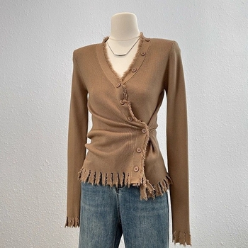 Безръкавен топ Chenille трикотаж с ресни, V-образно деколте, съдържание на Spandex под 30%, есенно-зимна колекция