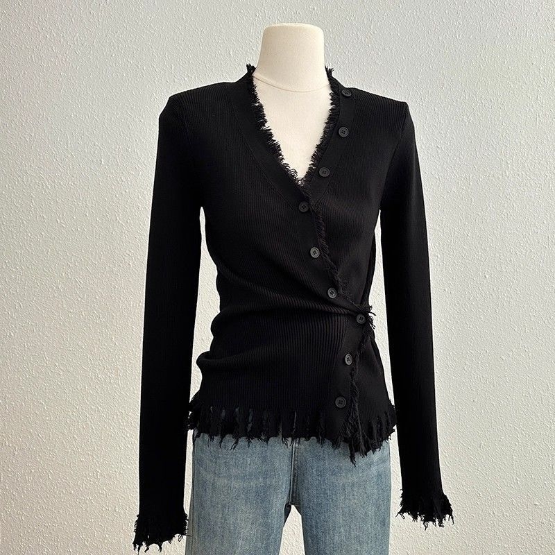 Безръкавен топ Chenille трикотаж с ресни, V-образно деколте, съдържание на Spandex под 30%, есенно-зимна колекция