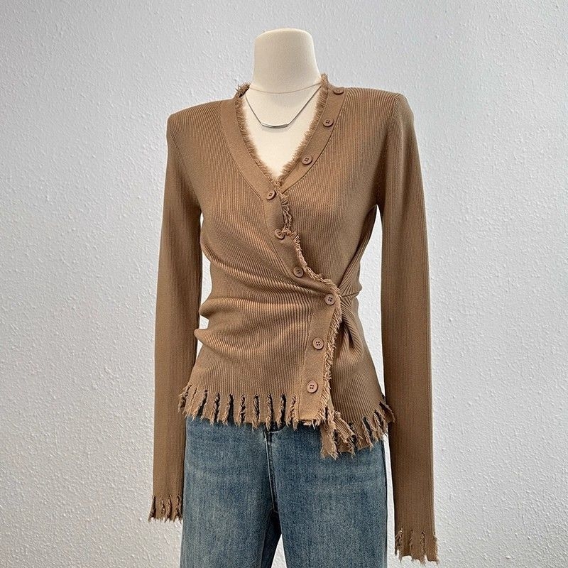 Безръкавен топ Chenille трикотаж с ресни, V-образно деколте, съдържание на Spandex под 30%, есенно-зимна колекция