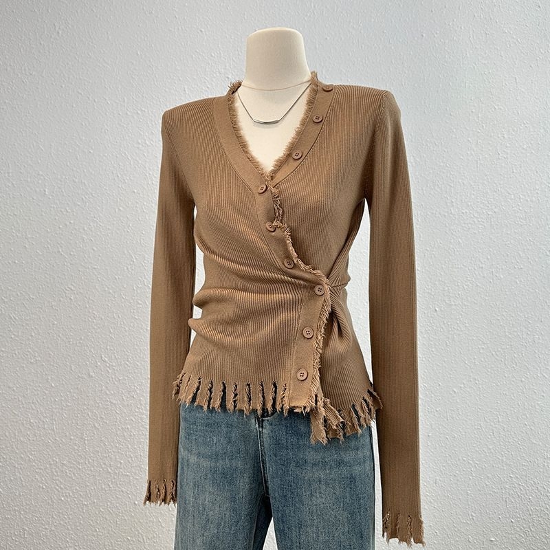 Безръкавен топ Chenille трикотаж с ресни, V-образно деколте, съдържание на Spandex под 30%, есенно-зимна колекция